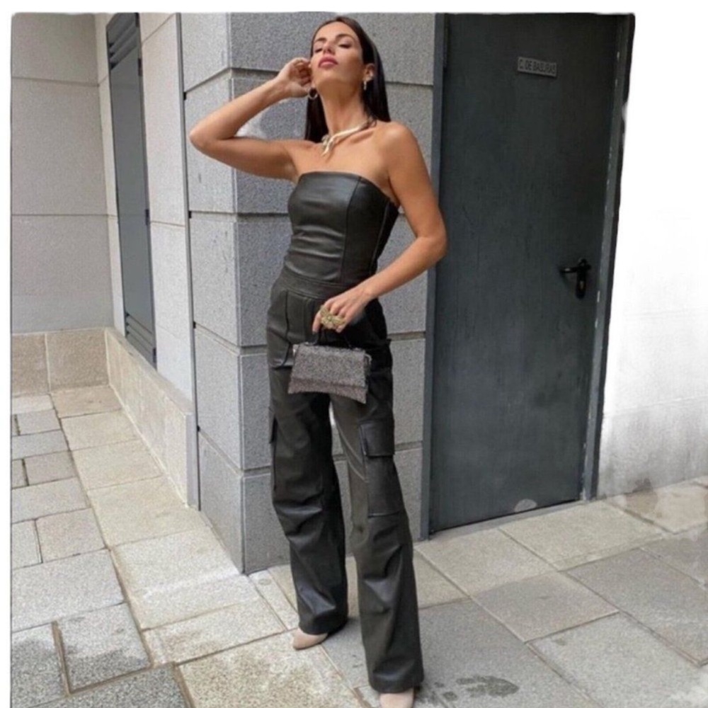 NWOT Zara Faux Leather Brown Cargo Jumpsuit